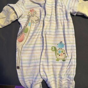 Baby One-Piece Footie Romper - Pastel Stripes with Giraffe & Turtle Applique